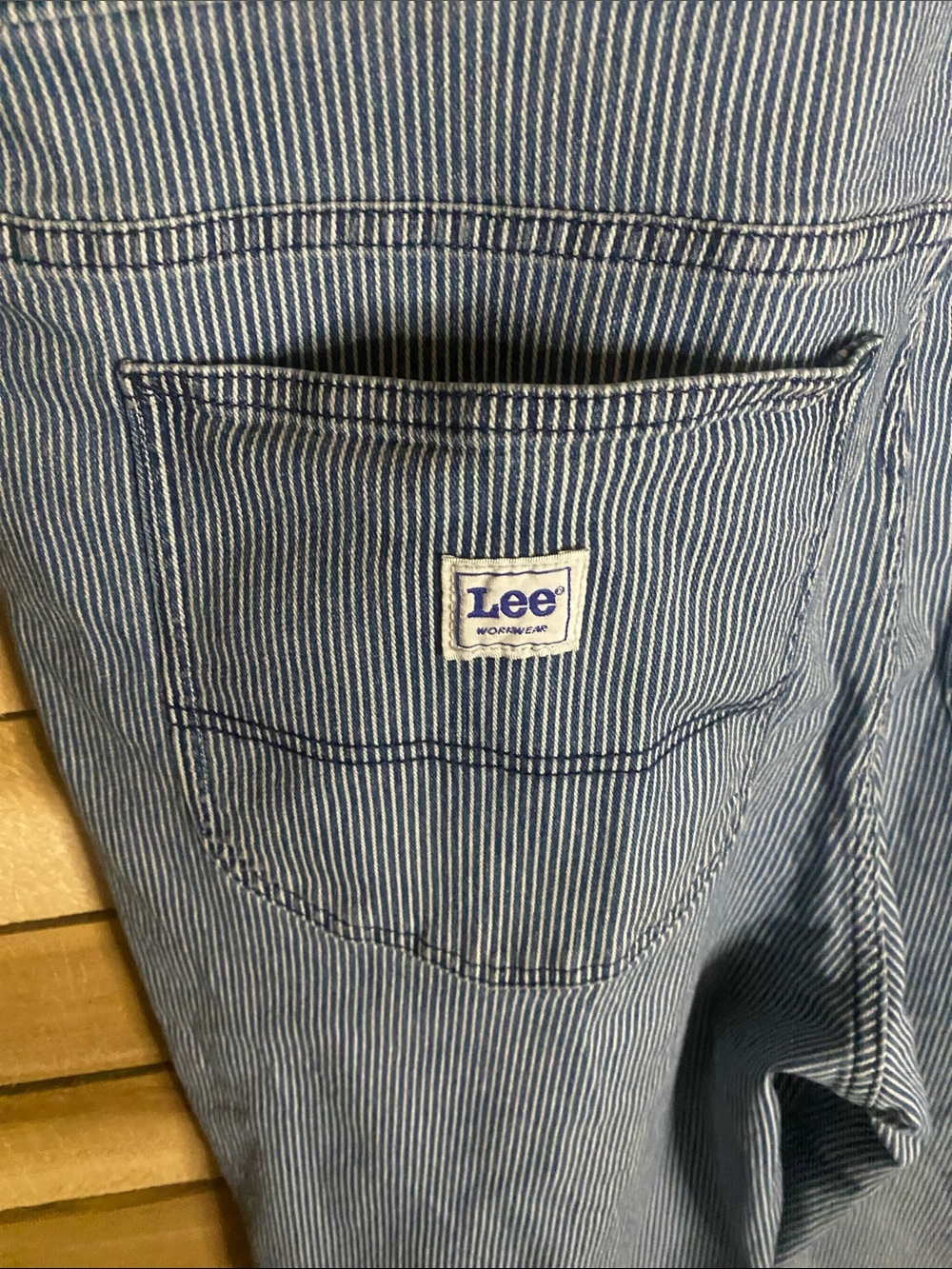 Lee Light Blue Hickory stripe Denim Overalls size XL raw hem inseam 27” - Picture 8 of 10